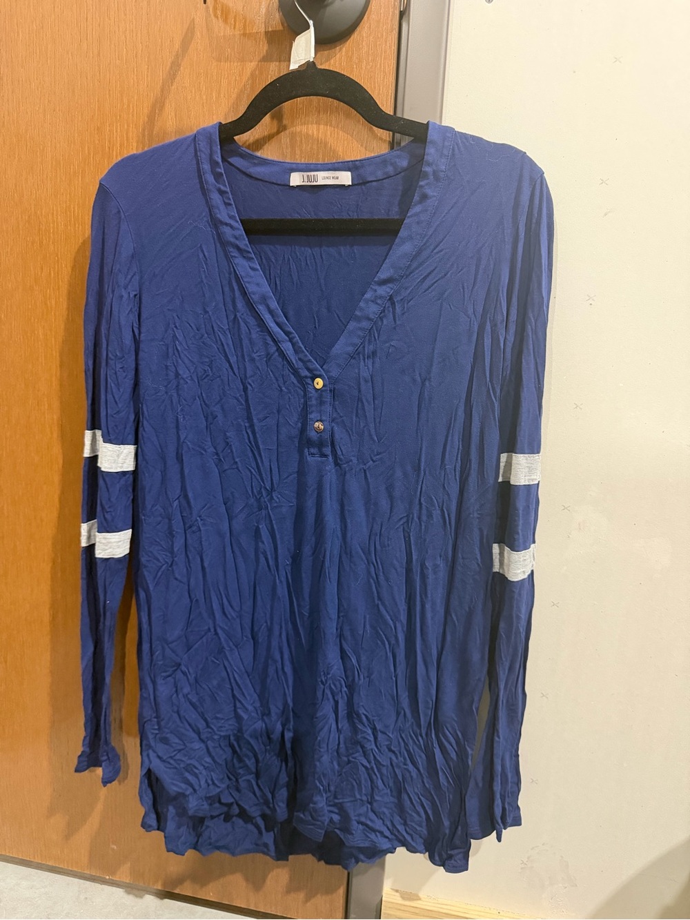 JuJu Royal Blue Long-Sleeve V-Neck Top with White Sleeve Stripes
